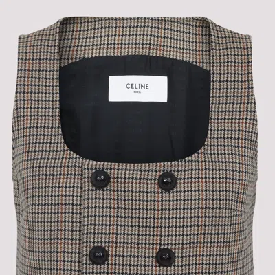 Celine Checked Wool Double-breasted Sleeveless Jacket