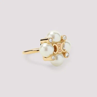Celine Crystal And Pearl Gold Brass Ring In Multi