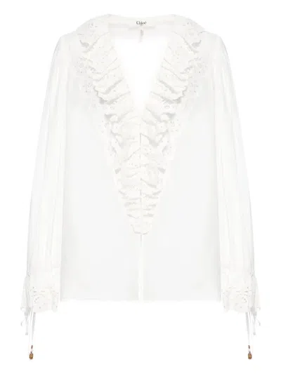 Chloé Broderie-anglaise Ruffled Blouse In White