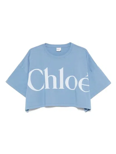 Chloé Women Light Blue Jersey Cropped Logo T-shirt In Blue