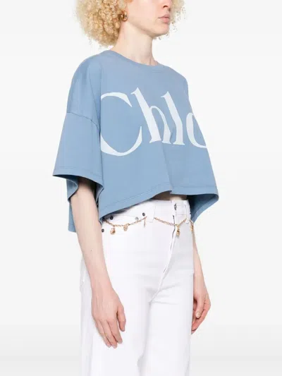 Chloé Women Light Blue Jersey Cropped Logo T-shirt In Blue