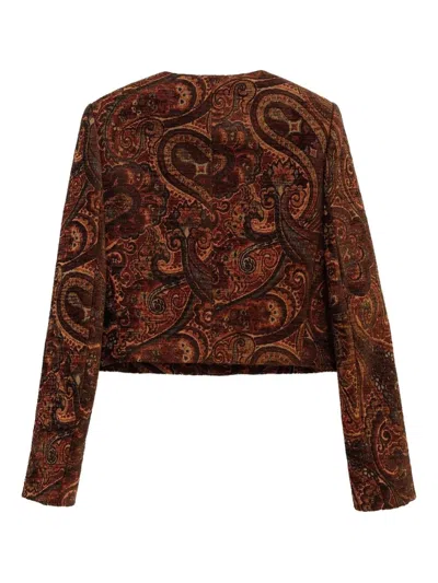 Chloé Multicolor Cropped Jacket With Round Neck And All-over Motif In Cotton Blend Woman In Brown