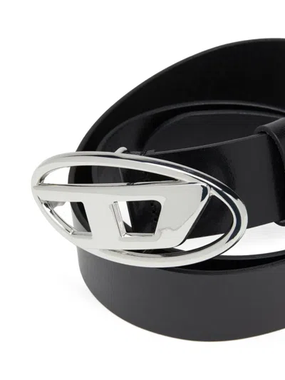 Diesel Calf Leather Belt With Logo Buckle In Black