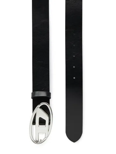 Diesel Calf Leather Belt With Logo Buckle In Black