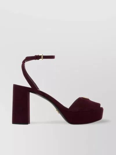 Prada Block Heel Open Toe Sandals With Suede Finish