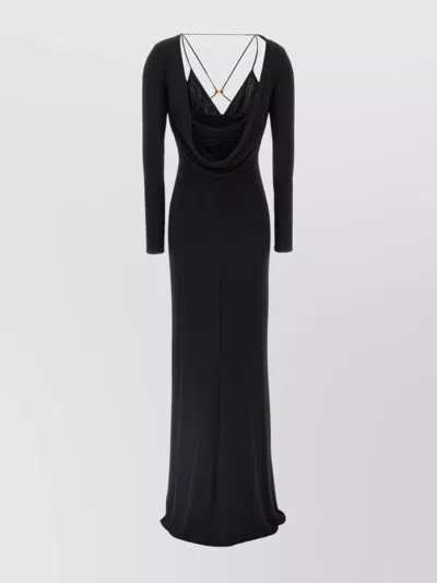 Elisabetta Franchi Draped Black Maxi Dress With Deep Neckline In Black