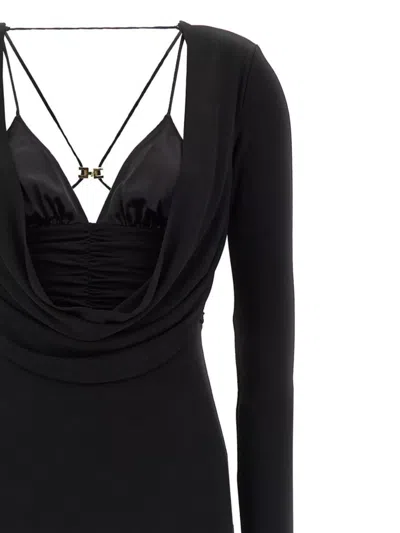 Elisabetta Franchi Draped Black Maxi Dress With Deep Neckline In Black