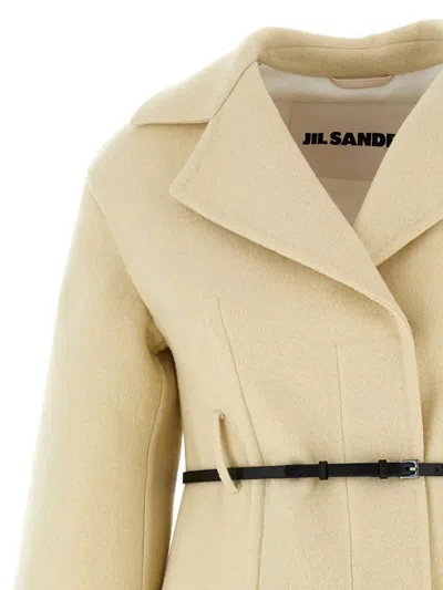 Jil Sander Tailored Coat With Belted Waist And Structured Shoulders In Nude
