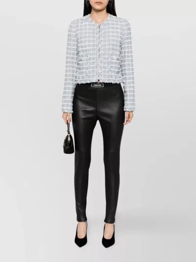 Versace Tweed Jacket With Frayed Edges And Pockets In Blue