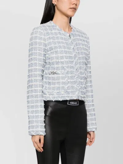 Versace Tweed Jacket With Frayed Edges And Pockets In Blue