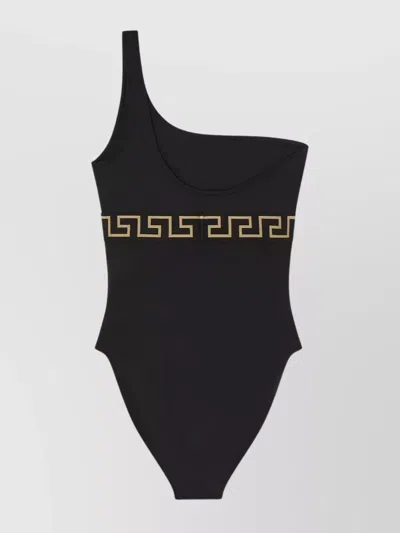 Versace Greek Key One-shoulder Swimsuit In Black
