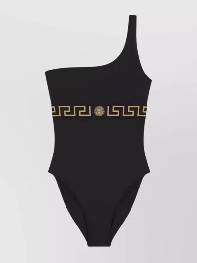 Versace Greek Key One-shoulder Swimsuit In Black