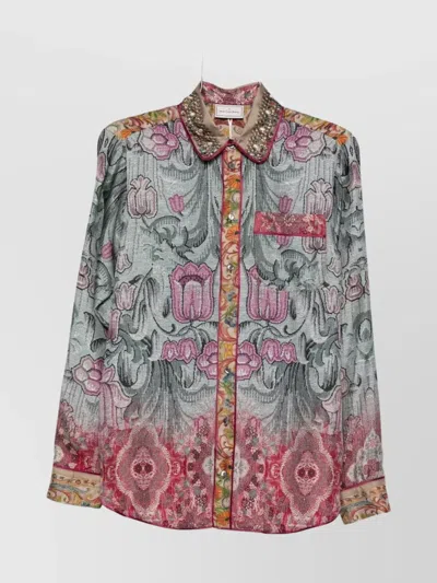 Pierre Louise Mascia Silk Shirt With Floral Pattern And Embellished Collar