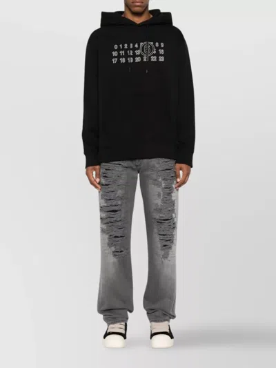 Mm6 Maison Margiela Numeric Print Black Hoodie With Front Kangaroo Pocket In Black