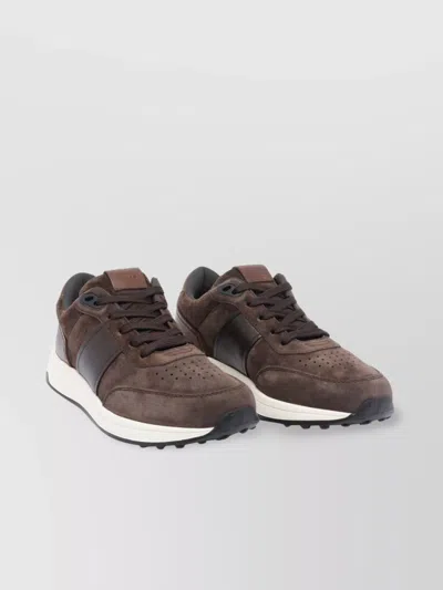 Tod's Suede And Leather Sneakers With Perforated Detailing In Brown