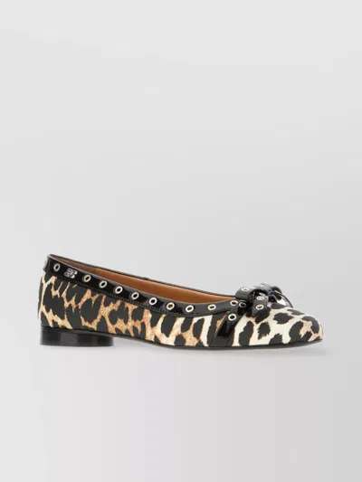 Ganni Multicolor Ballet Flats With Eyelets And All-over Leopard Print In Black