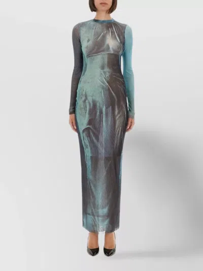 Jean Paul Gaultier Abstract Print Sheer Overlay Long Dress In Blue