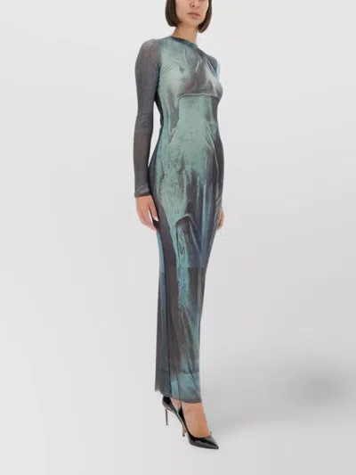 Jean Paul Gaultier Abstract Print Sheer Overlay Long Dress In Blue