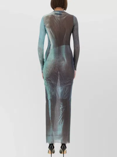 Jean Paul Gaultier Abstract Print Sheer Overlay Long Dress In Blue