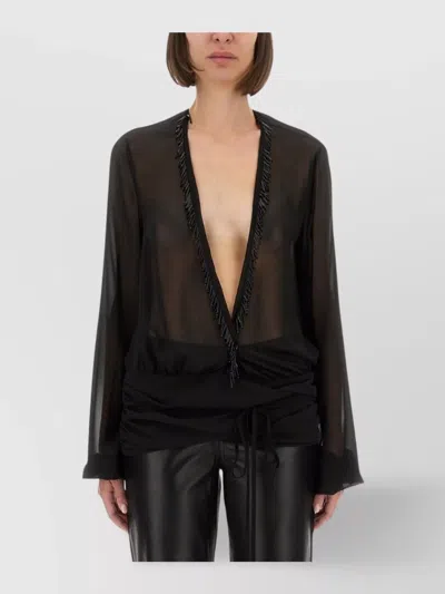 Attico Fringe Detailing Georgette Blouse With Ruched Waist
