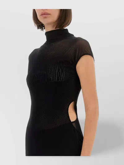 Jean Paul Gaultier Sheer Fabric Floor-length Dress With Cap Sleeves In Black