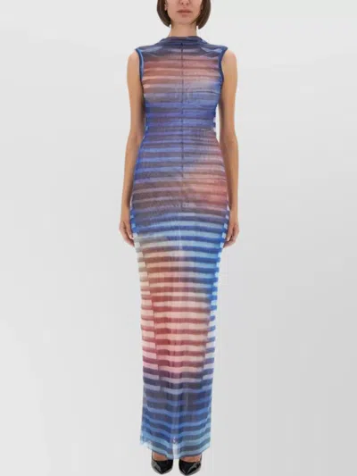 Jean Paul Gaultier Long Striped Dress High Neckline In Blue