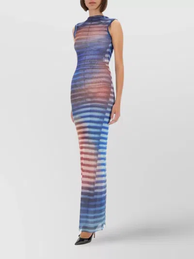 Jean Paul Gaultier Long Striped Dress High Neckline In Blue