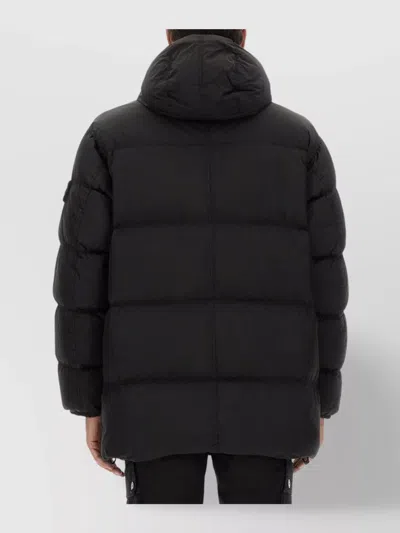 Stone Island Quilted Hooded Long Length Jacket In Black