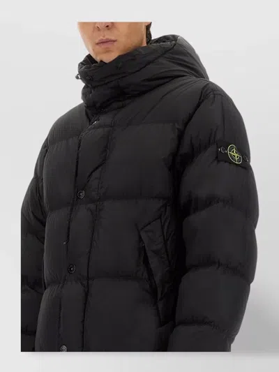 Stone Island Quilted Hooded Long Length Jacket In Black