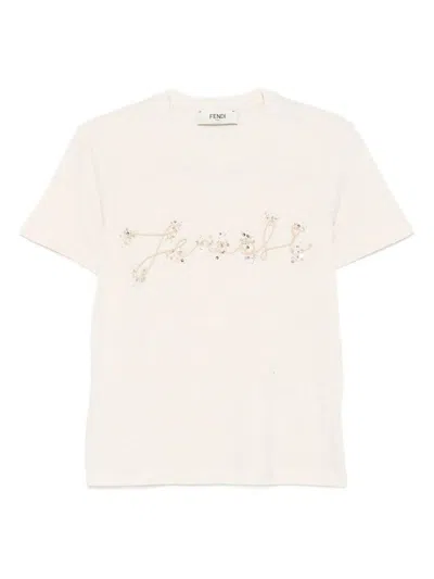 Fendi Beige Cotton And Linen T-shirt With Logo In White