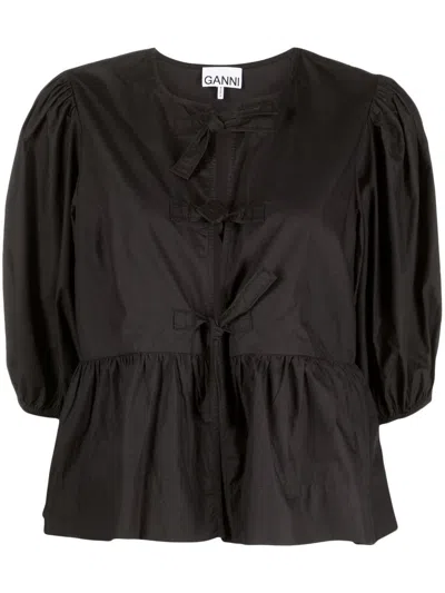 Ganni Cotton Peplum Top With Bow And Flounces In Black
