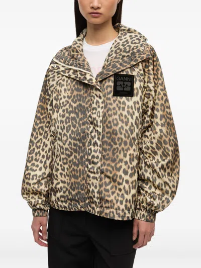 Ganni Hooded Leopard Print Nylon Blouson Jacket