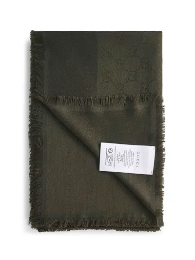 Gucci Men Green Gg Wool And Silk Jacquard Shawl