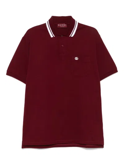 Gucci Bordeaux Polo Shirt With Striped Motif On The Collar And Double G Embroidery On The Front In C