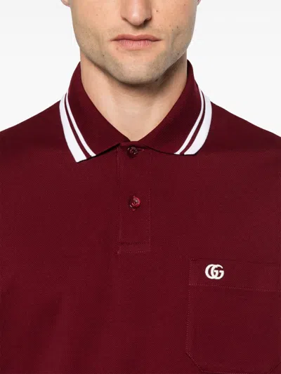 Gucci Bordeaux Polo Shirt With Striped Motif On The Collar And Double G Embroidery On The Front In C