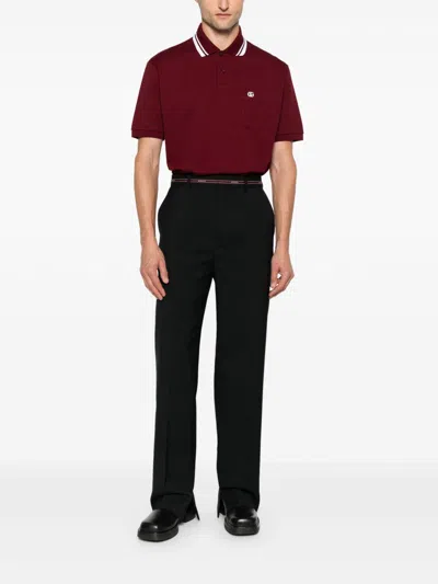 Gucci Bordeaux Polo Shirt With Striped Motif On The Collar And Double G Embroidery On The Front In C