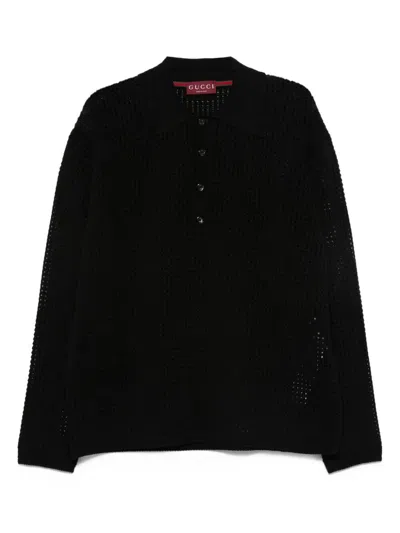 Gucci Men Long Sleeve Cotton Polo In Black