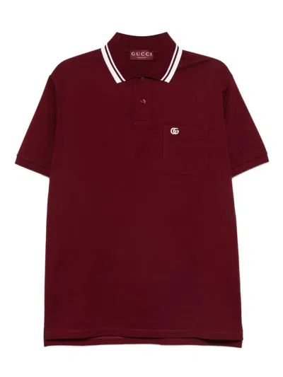 Gucci Bordeaux Polo Shirt With Striped Motif On The Collar And Double G Embroidery On The Front In C