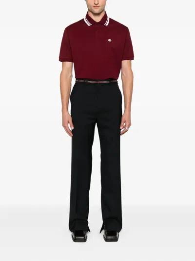 Gucci Bordeaux Polo Shirt With Striped Motif On The Collar And Double G Embroidery On The Front In C