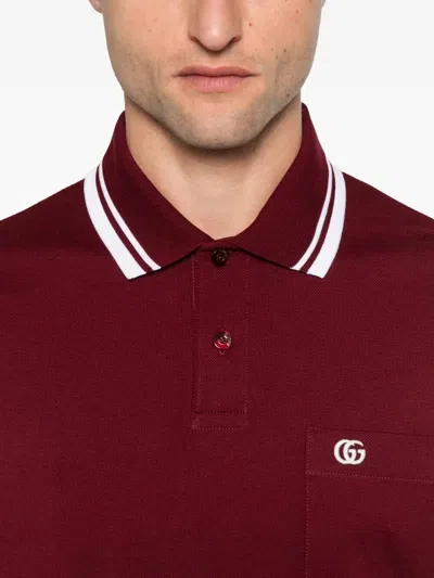 Gucci Bordeaux Polo Shirt With Striped Motif On The Collar And Double G Embroidery On The Front In C