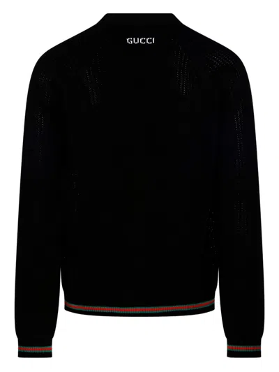 Gucci Men Knit Cotton Ajour Cardigan With Web Tape In Black