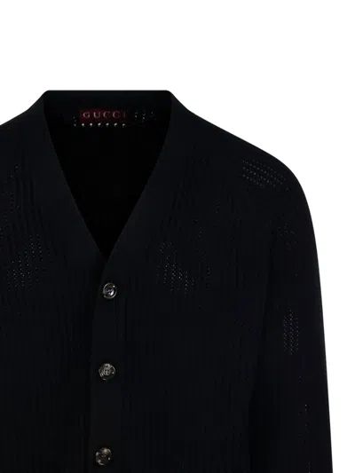 Gucci Men Knit Cotton Ajour Cardigan With Web Tape In Black