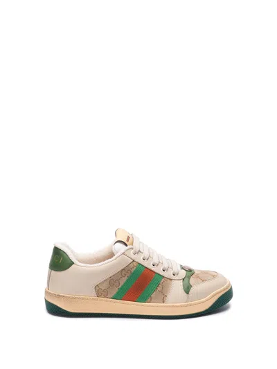 Gucci Screener Embellished Canvas-trimmed Distressed Leather Sneakers In Neutral