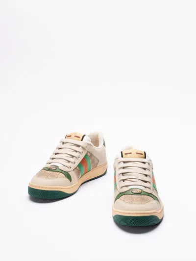 Gucci Screener Embellished Canvas-trimmed Distressed Leather Sneakers In Neutral