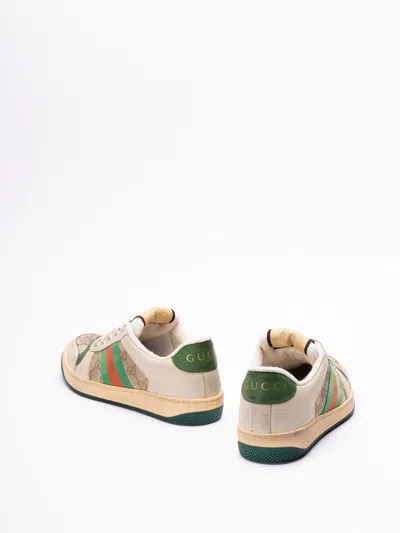 Gucci Screener Embellished Canvas-trimmed Distressed Leather Sneakers In Neutral
