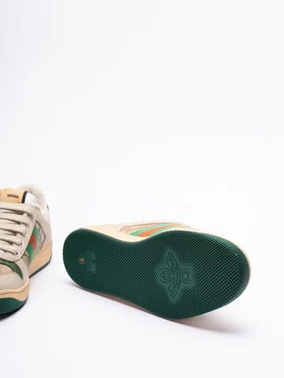 Gucci Screener Embellished Canvas-trimmed Distressed Leather Sneakers In Neutral