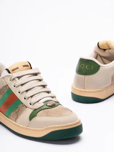 Gucci Screener Embellished Canvas-trimmed Distressed Leather Sneakers In Neutral