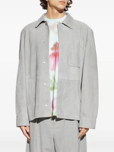 Loewe Men Suede Leather Overshirt In Gray