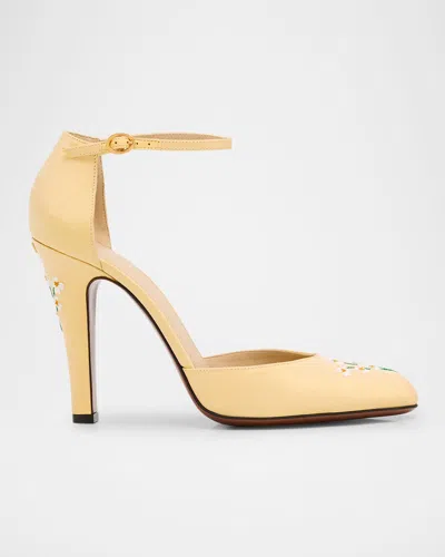 Valentino Hi Dolly Daisy Embroidered Satin Pumps In Gold