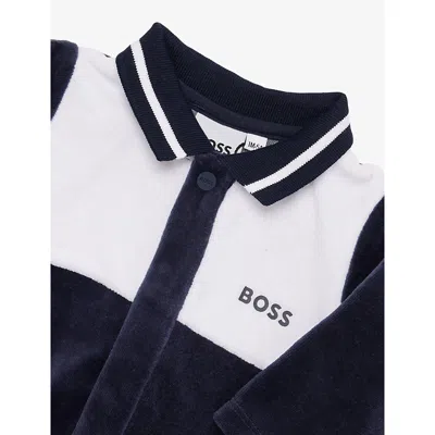 Hugo Boss Navy Logo-brand Colour-block Fleece Babygrow 1-9 In Blue